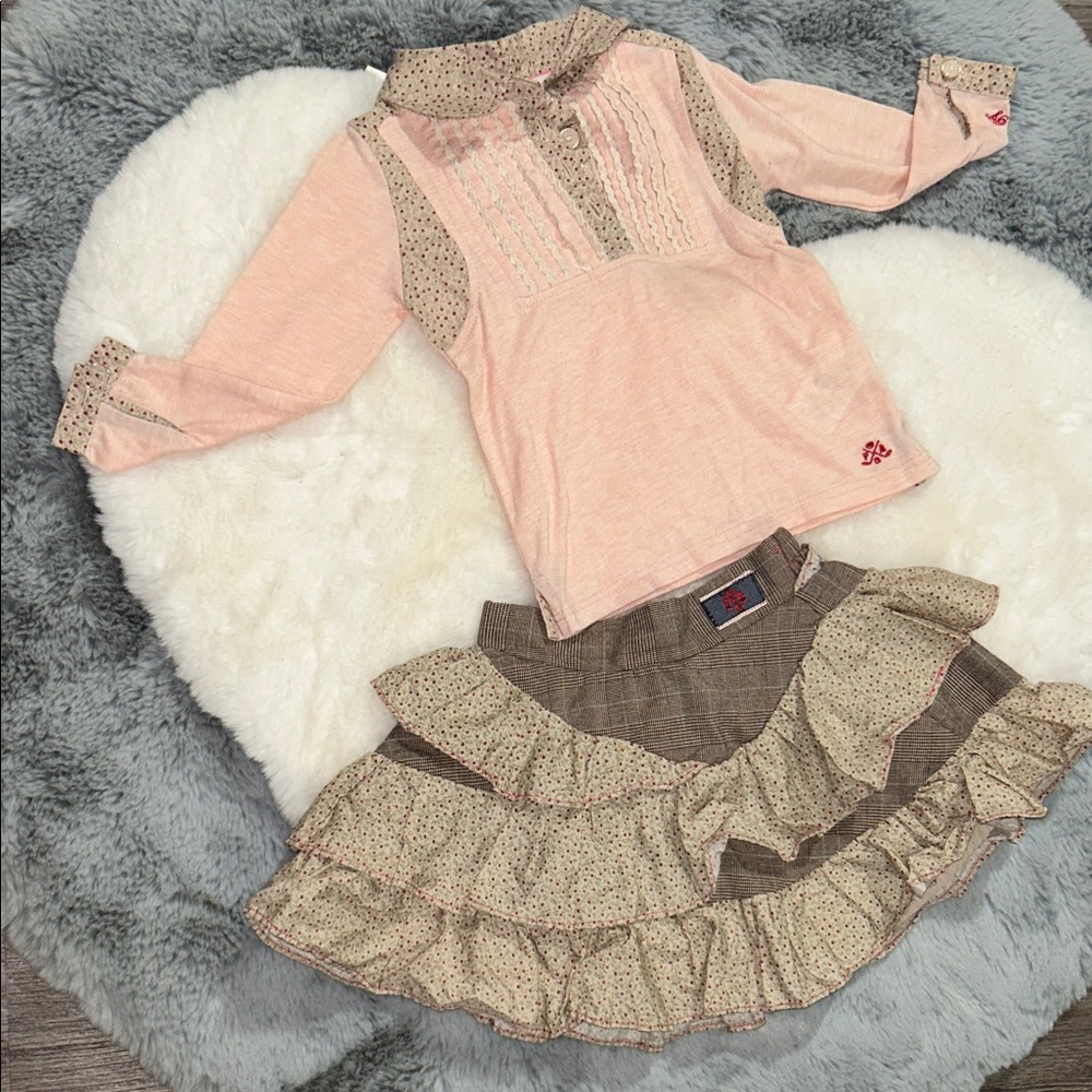 Pink and Brown Long Sleeve Top and Skirt Set Girls